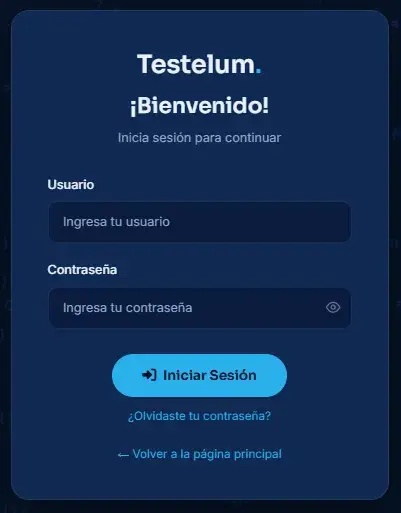Pantalla de acceso a Testelum con los campos de usuario y contraseña.