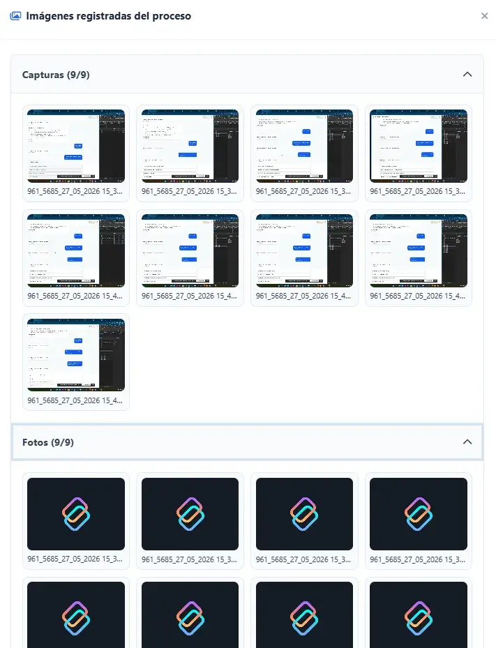 Ventana de imágenes registradas del proceso, con las capturas de pantalla y las fotos tomadas durante la evaluación.