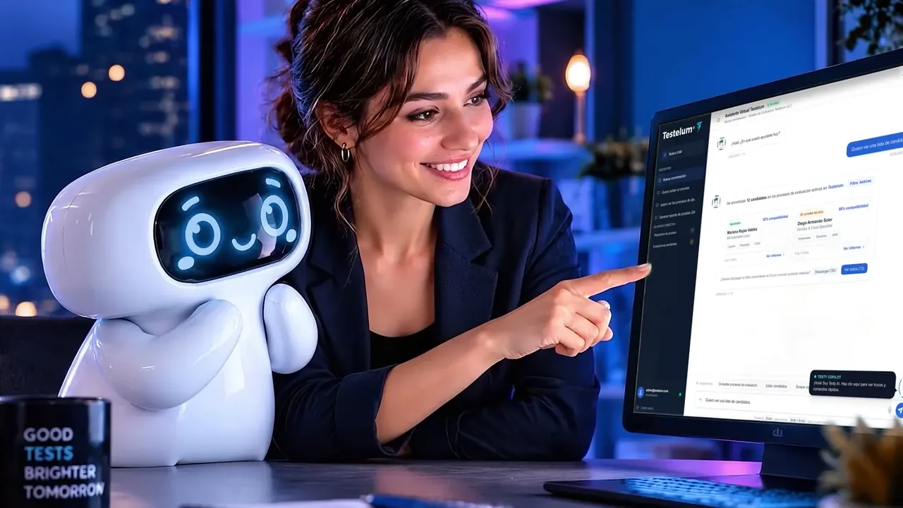 Lumi, la mascota de Testelum, junto a una evaluadora que señala el asistente de la plataforma en la pantalla de su escritorio.