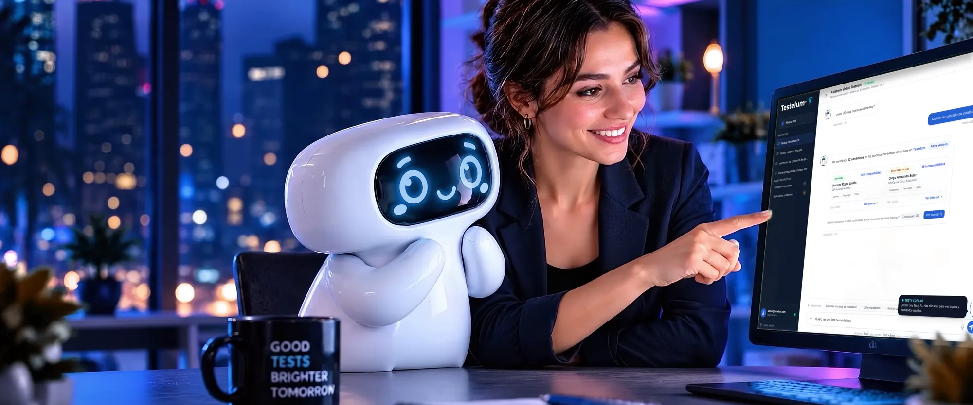 Una evaluadora señala el asistente de Testelum en pantalla, con la mascota del producto sobre el escritorio.